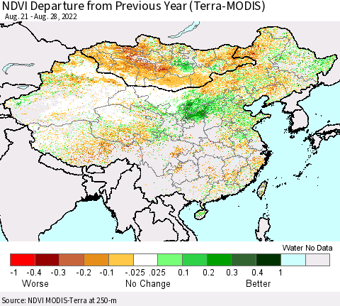 China, Mongolia and Taiwan NDVI Departure from Previous Year (Terra-MODIS) Thematic Map For 8/21/2022 - 8/28/2022
