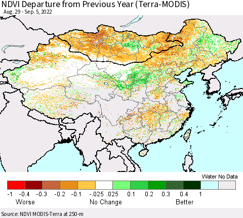 China, Mongolia and Taiwan NDVI Departure from Previous Year (Terra-MODIS) Thematic Map For 8/29/2022 - 9/5/2022