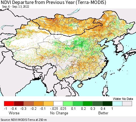 China, Mongolia and Taiwan NDVI Departure from Previous Year (Terra-MODIS) Thematic Map For 9/6/2022 - 9/13/2022