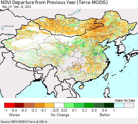 China, Mongolia and Taiwan NDVI Departure from Previous Year (Terra-MODIS) Thematic Map For 9/14/2022 - 9/21/2022