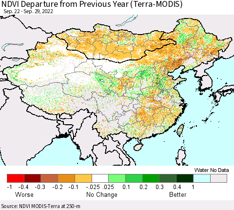 China, Mongolia and Taiwan NDVI Departure from Previous Year (Terra-MODIS) Thematic Map For 9/22/2022 - 9/29/2022