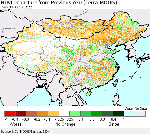 China, Mongolia and Taiwan NDVI Departure from Previous Year (Terra-MODIS) Thematic Map For 9/30/2022 - 10/7/2022