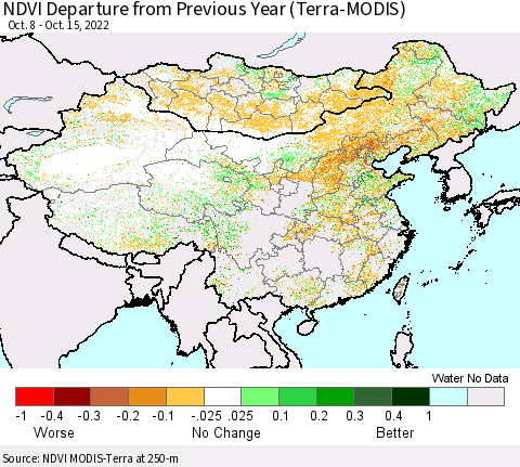 China, Mongolia and Taiwan NDVI Departure from Previous Year (Terra-MODIS) Thematic Map For 10/8/2022 - 10/15/2022