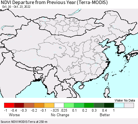China, Mongolia and Taiwan NDVI Departure from Previous Year (Terra-MODIS) Thematic Map For 10/16/2022 - 10/23/2022