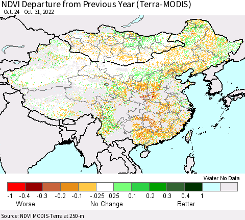 China, Mongolia and Taiwan NDVI Departure from Previous Year (Terra-MODIS) Thematic Map For 10/24/2022 - 10/31/2022