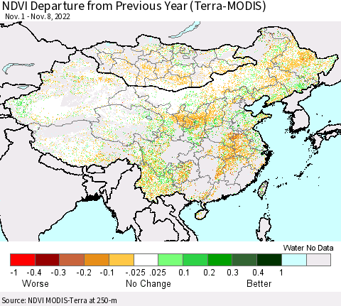 China, Mongolia and Taiwan NDVI Departure from Previous Year (Terra-MODIS) Thematic Map For 11/1/2022 - 11/8/2022