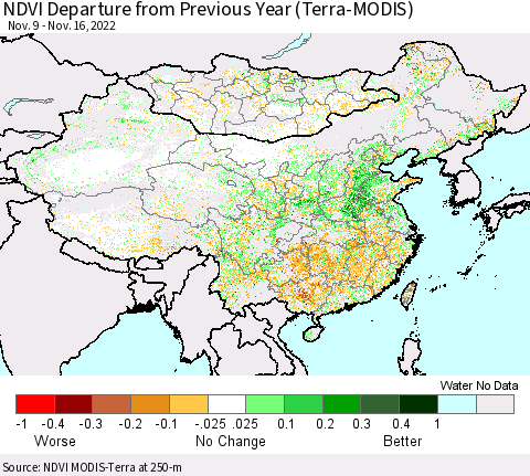 China, Mongolia and Taiwan NDVI Departure from Previous Year (Terra-MODIS) Thematic Map For 11/9/2022 - 11/16/2022