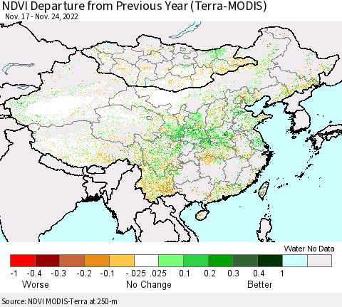 China, Mongolia and Taiwan NDVI Departure from Previous Year (Terra-MODIS) Thematic Map For 11/17/2022 - 11/24/2022