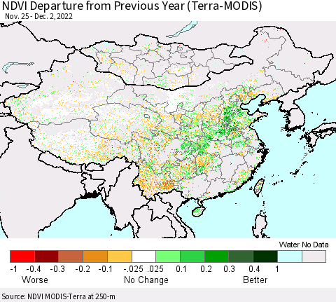 China, Mongolia and Taiwan NDVI Departure from Previous Year (Terra-MODIS) Thematic Map For 11/25/2022 - 12/2/2022