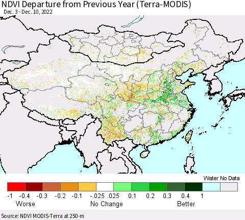 China, Mongolia and Taiwan NDVI Departure from Previous Year (Terra-MODIS) Thematic Map For 12/3/2022 - 12/10/2022