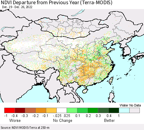 China, Mongolia and Taiwan NDVI Departure from Previous Year (Terra-MODIS) Thematic Map For 12/19/2022 - 12/26/2022