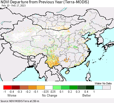 China, Mongolia and Taiwan NDVI Departure from Previous Year (Terra-MODIS) Thematic Map For 2/10/2023 - 2/17/2023