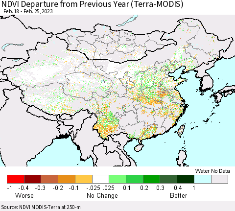 China, Mongolia and Taiwan NDVI Departure from Previous Year (Terra-MODIS) Thematic Map For 2/18/2023 - 2/25/2023
