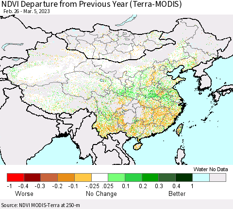 China, Mongolia and Taiwan NDVI Departure from Previous Year (Terra-MODIS) Thematic Map For 2/26/2023 - 3/5/2023