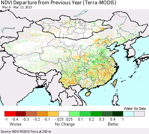 China, Mongolia and Taiwan NDVI Departure from Previous Year (Terra-MODIS) Thematic Map For 3/6/2023 - 3/13/2023