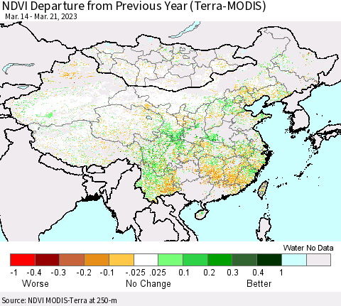China, Mongolia and Taiwan NDVI Departure from Previous Year (Terra-MODIS) Thematic Map For 3/14/2023 - 3/21/2023