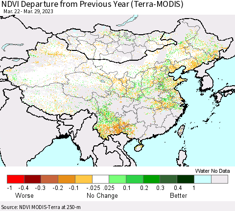China, Mongolia and Taiwan NDVI Departure from Previous Year (Terra-MODIS) Thematic Map For 3/22/2023 - 3/29/2023