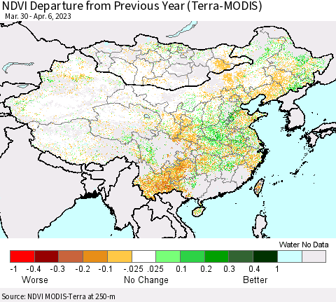 China, Mongolia and Taiwan NDVI Departure from Previous Year (Terra-MODIS) Thematic Map For 3/30/2023 - 4/6/2023