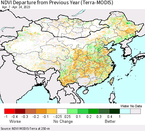 China, Mongolia and Taiwan NDVI Departure from Previous Year (Terra-MODIS) Thematic Map For 4/7/2023 - 4/14/2023