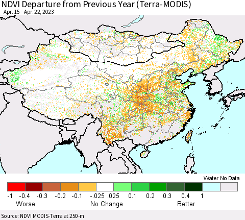 China, Mongolia and Taiwan NDVI Departure from Previous Year (Terra-MODIS) Thematic Map For 4/15/2023 - 4/22/2023