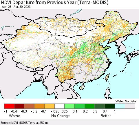 China, Mongolia and Taiwan NDVI Departure from Previous Year (Terra-MODIS) Thematic Map For 4/23/2023 - 4/30/2023