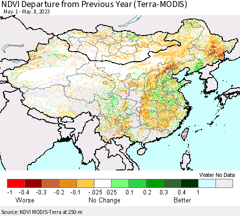 China, Mongolia and Taiwan NDVI Departure from Previous Year (Terra-MODIS) Thematic Map For 5/1/2023 - 5/8/2023