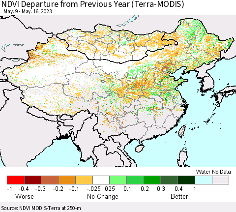 China, Mongolia and Taiwan NDVI Departure from Previous Year (Terra-MODIS) Thematic Map For 5/9/2023 - 5/16/2023