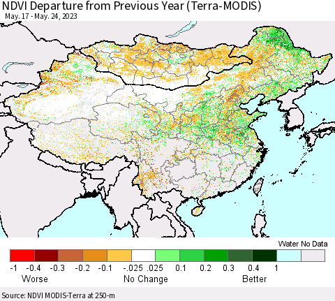 China, Mongolia and Taiwan NDVI Departure from Previous Year (Terra-MODIS) Thematic Map For 5/17/2023 - 5/24/2023