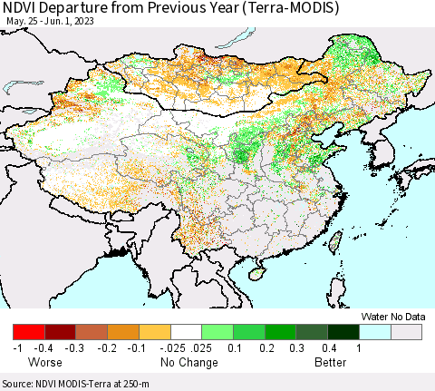 China, Mongolia and Taiwan NDVI Departure from Previous Year (Terra-MODIS) Thematic Map For 5/25/2023 - 6/1/2023