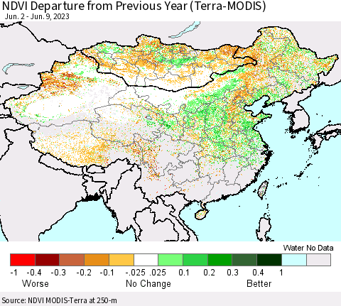 China, Mongolia and Taiwan NDVI Departure from Previous Year (Terra-MODIS) Thematic Map For 6/2/2023 - 6/9/2023