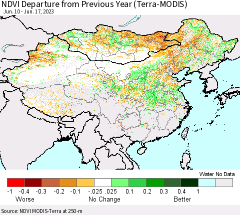 China, Mongolia and Taiwan NDVI Departure from Previous Year (Terra-MODIS) Thematic Map For 6/10/2023 - 6/17/2023
