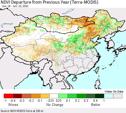 China, Mongolia and Taiwan NDVI Departure from Previous Year (Terra-MODIS) Thematic Map For 6/18/2023 - 6/25/2023