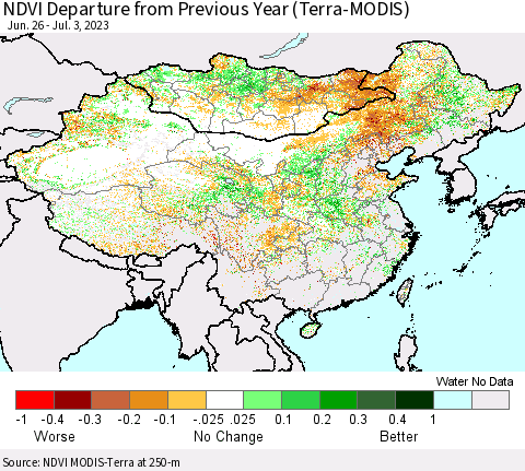 China, Mongolia and Taiwan NDVI Departure from Previous Year (Terra-MODIS) Thematic Map For 6/26/2023 - 7/3/2023