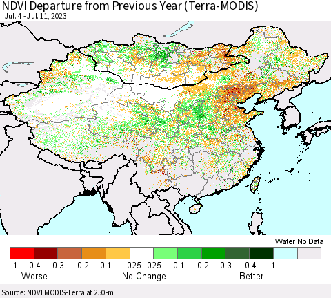 China, Mongolia and Taiwan NDVI Departure from Previous Year (Terra-MODIS) Thematic Map For 7/4/2023 - 7/11/2023