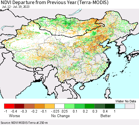 China, Mongolia and Taiwan NDVI Departure from Previous Year (Terra-MODIS) Thematic Map For 7/12/2023 - 7/19/2023