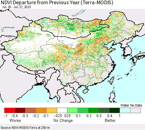 China, Mongolia and Taiwan NDVI Departure from Previous Year (Terra-MODIS) Thematic Map For 7/20/2023 - 7/27/2023