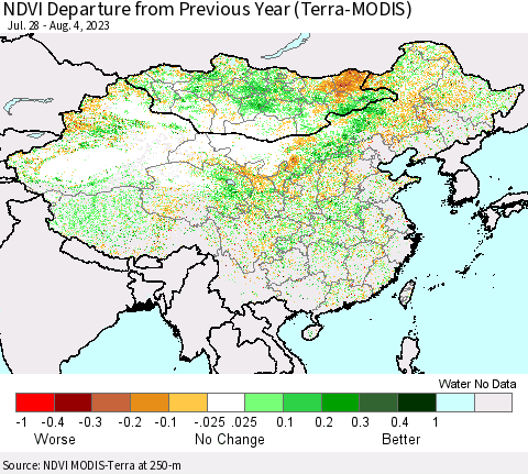 China, Mongolia and Taiwan NDVI Departure from Previous Year (Terra-MODIS) Thematic Map For 7/28/2023 - 8/4/2023