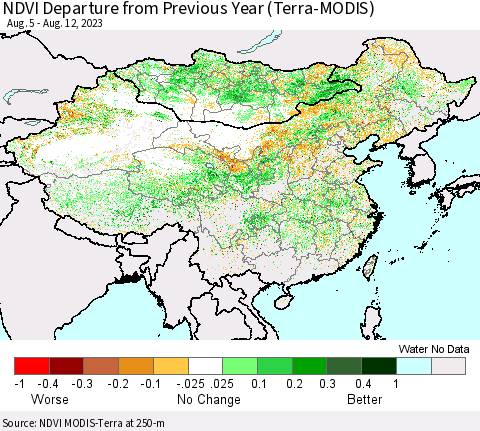 China, Mongolia and Taiwan NDVI Departure from Previous Year (Terra-MODIS) Thematic Map For 8/5/2023 - 8/12/2023