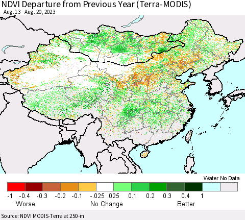 China, Mongolia and Taiwan NDVI Departure from Previous Year (Terra-MODIS) Thematic Map For 8/13/2023 - 8/20/2023