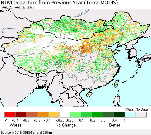China, Mongolia and Taiwan NDVI Departure from Previous Year (Terra-MODIS) Thematic Map For 8/21/2023 - 8/28/2023