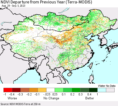 China, Mongolia and Taiwan NDVI Departure from Previous Year (Terra-MODIS) Thematic Map For 8/29/2023 - 9/5/2023
