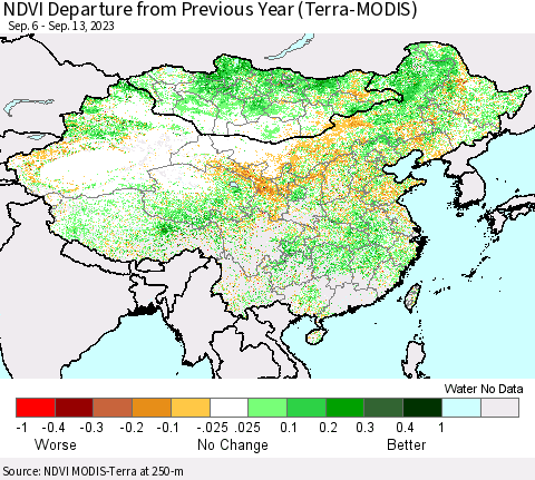 China, Mongolia and Taiwan NDVI Departure from Previous Year (Terra-MODIS) Thematic Map For 9/6/2023 - 9/13/2023