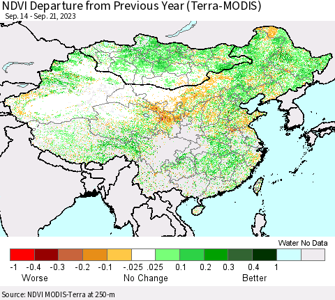 China, Mongolia and Taiwan NDVI Departure from Previous Year (Terra-MODIS) Thematic Map For 9/14/2023 - 9/21/2023