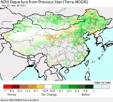 China, Mongolia and Taiwan NDVI Departure from Previous Year (Terra-MODIS) Thematic Map For 9/22/2023 - 9/29/2023