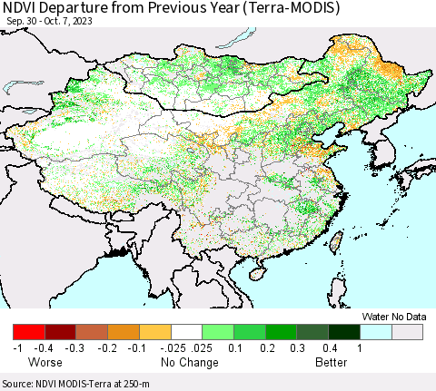 China, Mongolia and Taiwan NDVI Departure from Previous Year (Terra-MODIS) Thematic Map For 9/30/2023 - 10/7/2023