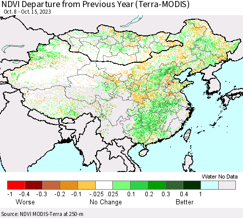 China, Mongolia and Taiwan NDVI Departure from Previous Year (Terra-MODIS) Thematic Map For 10/8/2023 - 10/15/2023