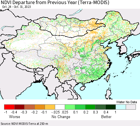 China, Mongolia and Taiwan NDVI Departure from Previous Year (Terra-MODIS) Thematic Map For 10/24/2023 - 10/31/2023