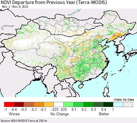 China, Mongolia and Taiwan NDVI Departure from Previous Year (Terra-MODIS) Thematic Map For 11/1/2023 - 11/8/2023