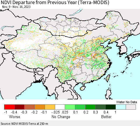 China, Mongolia and Taiwan NDVI Departure from Previous Year (Terra-MODIS) Thematic Map For 11/9/2023 - 11/16/2023