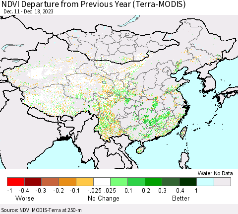 China, Mongolia and Taiwan NDVI Departure from Previous Year (Terra-MODIS) Thematic Map For 12/11/2023 - 12/18/2023